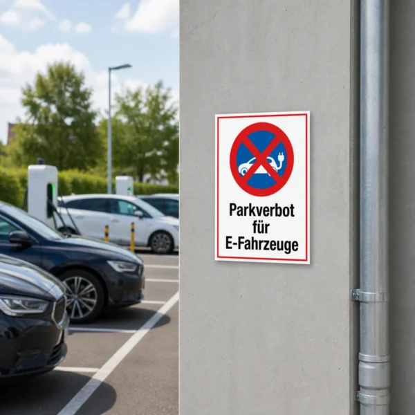 KI-generiertes Anwendungsbeispiel: Parkverbot für E-Fahrzeuge Schild an einer Hofeinfahrt mit rotem Verbotszeichen und gut lesbarer Beschriftung.