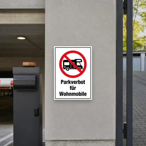 KI-generiertes Anwendungsbeispiel: Parkverbot für Wohnmobile Schild an einer Hofeinfahrt mit rotem Verbotssymbol und gut lesbarem Text.