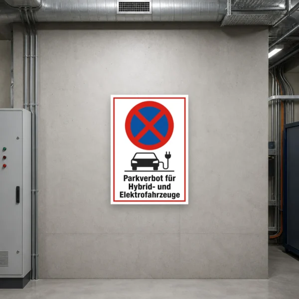 KI-generiertes Anwendungsbeispiel: Parkverbot für Hybrid- und Elektrofahrzeuge als robustes Schild an einem reservierten Stellplatz im Außenbereich.