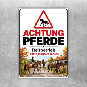 Achtung Pferde Aufkleber mit Warnsymbol, Pferdesilhouette und dem Hinweis Reitbetrieb bitte langsam fahren.