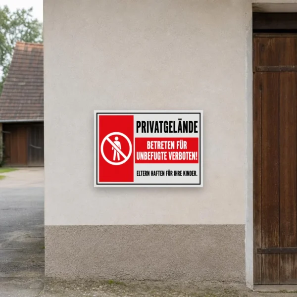 KI-generiertes Anwendungsbeispiel: Bedrucktes Schild „Privatgelände betreten für Unbefugte verboten“ an einem Tor montiert.