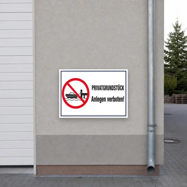 KI-generiertes Anwendungsbeispiel: Privatgrundstück Anlegen verboten Schild mit rotem Verbotssymbol an einem privaten Steg am Wasser.
