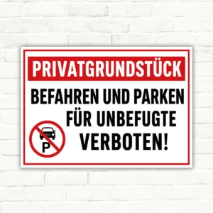 Privatgrundstück befahren und parken für Unbefugte verboten Schild mit rotem Verbotssymbol und großer Beschriftung.
