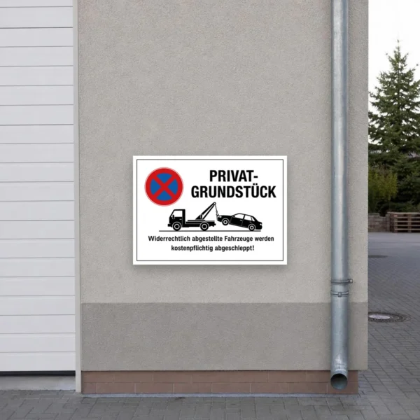 KI-generiertes Anwendungsbeispiel: Parkverbotsschild für ein Privatgrundstück mit Abschlepphinweis, rot-blaues Verbotssymbol und towender Pkw-Grafik.