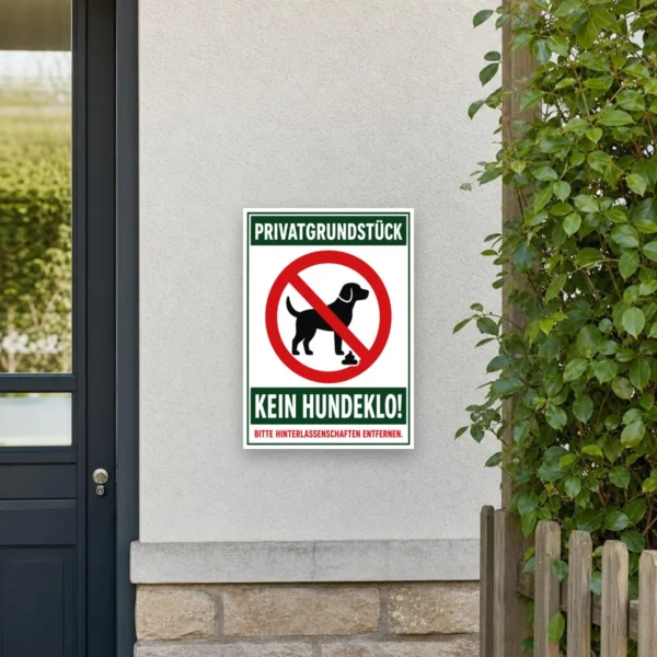 KI-generiertes Anwendungsbeispiel: Hundeverbotsschild „Privatgrundstück – Kein Hundeklo“ mit Symbol, ideal für Zaun oder Hauseingang.