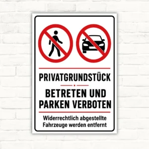 Bedrucktes Schild mit der Aufschrift „Privatgrundstück, Betreten und Parken verboten“ und Verbotszeichen für Fußgänger und Auto.
