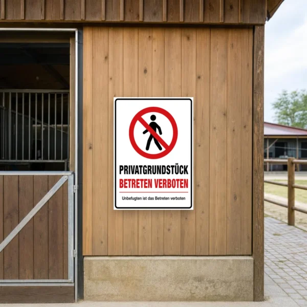 KI-generiertes Anwendungsbeispiel: Bedrucktes Schild „Privatgrundstück Wenden verboten!“ mit rotem Verbotssymbol an einer Hofeinfahrt.