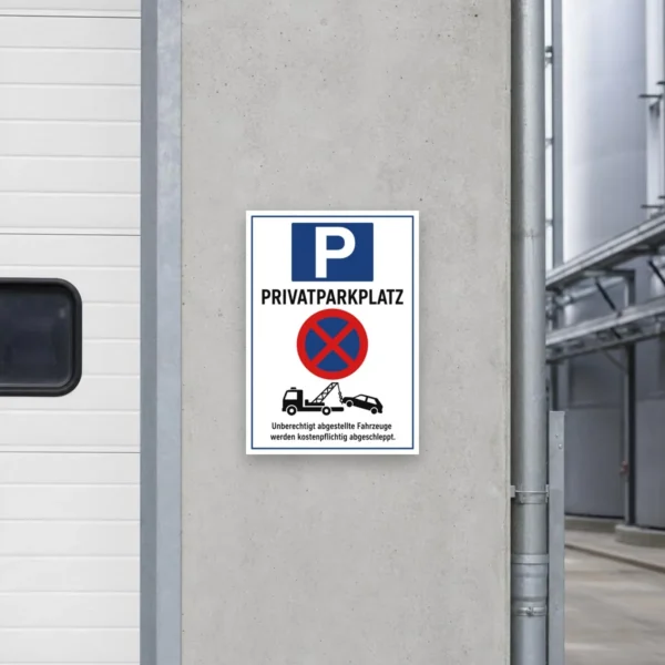 KI-generiertes Anwendungsbeispiel: Privatparkplatz Aufkleber auf einer glatten Metallfläche mit gut sichtbarem Abschlepphinweis.
