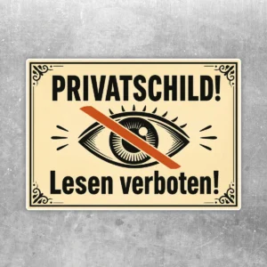 Privatschild Lesen verboten Aufkleber mit Auge-Motiv in Beige, Schwarz und Orange auf hellem Hintergrund.