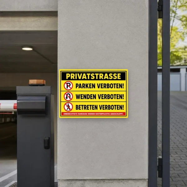 KI-generiertes Anwendungsbeispiel: Privatstraße Parken Wenden Betreten verboten Aufkleber auf einer Einfahrt mit gelb-schwarzer Warnoptik.