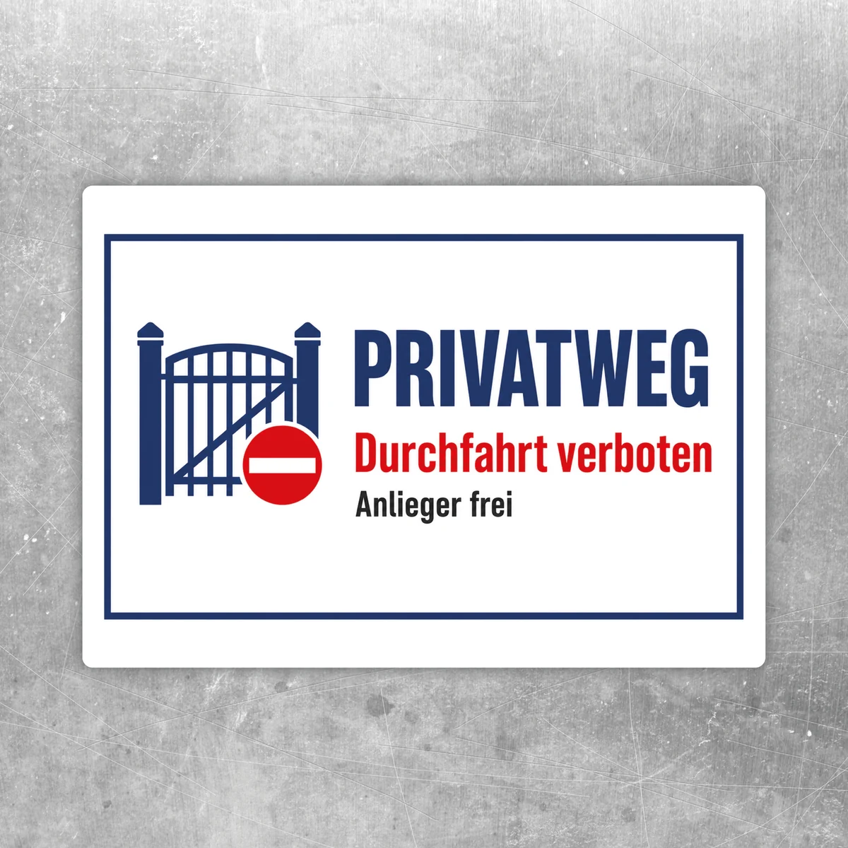 Privatweg Durchfahrt verboten Aufkleber mit Tor-Symbol und Anlieger frei Hinweis in Blau, Rot, Weiß und Schwarz.
