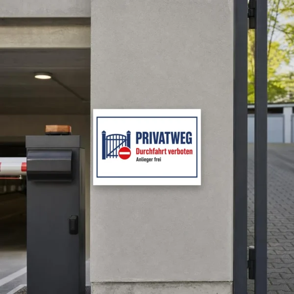 KI-generiertes Anwendungsbeispiel: Privatweg Durchfahrt verboten Aufkleber an einer Hofzufahrt mit klarer Anlieger-frei-Kennzeichnung.