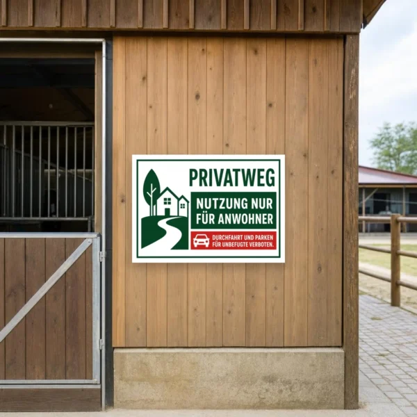 KI-generiertes Anwendungsbeispiel: Privatweg Nutzung nur für Anwohner Aufkleber an einer privaten Toranlage mit gut sichtbarer Verbotswirkung.
