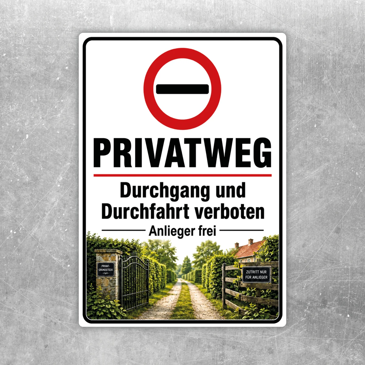 Privatweg Aufkleber mit rotem Verbotszeichen und Text „Durchgang und Durchfahrt verboten, Anlieger frei“ auf weißem Grund.