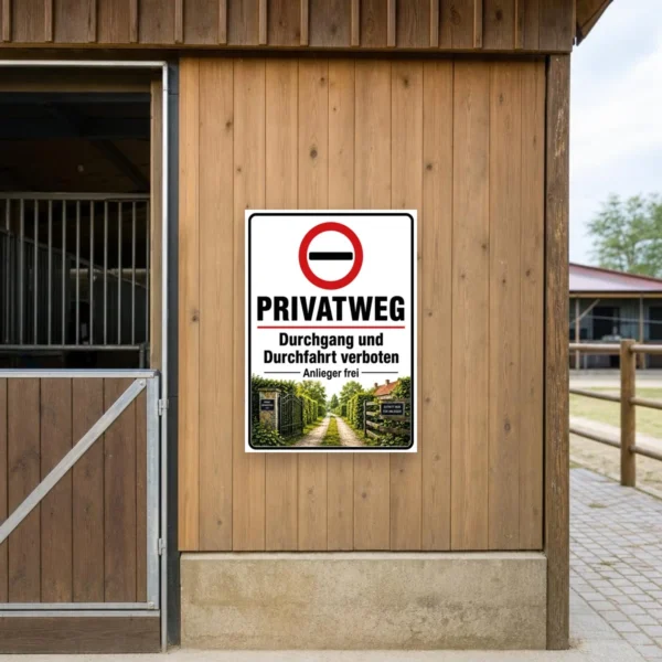 KI-generiertes Anwendungsbeispiel: Privatweg Aufkleber mit rotem Verbotszeichen und Hinweistext an einer privaten Zufahrt platziert.