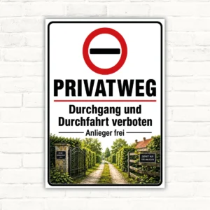 Privatweg Schild mit rotem Verbotssymbol, Text „Durchgang und Durchfahrt verboten, Anlieger frei“ und Wegmotiv.