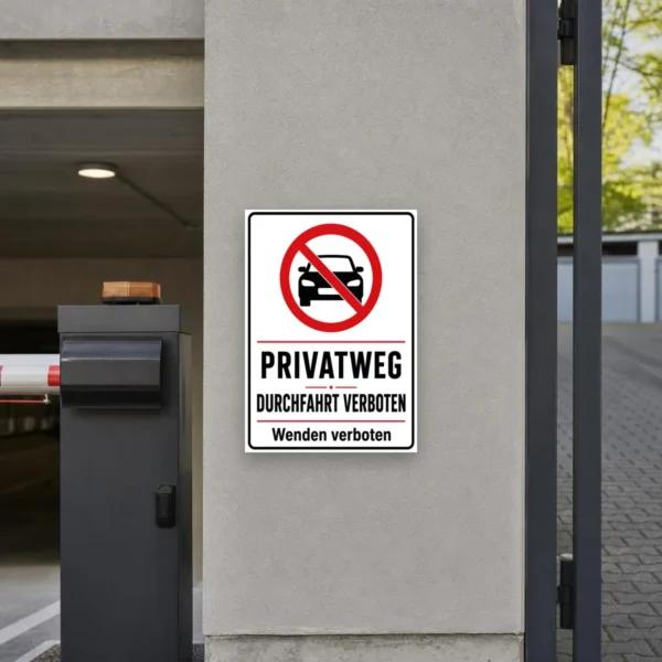 KI-generiertes Anwendungsbeispiel: Privatweg Durchfahrt und Wenden verboten Aufkleber an einer privaten Hofzufahrt mit klarer Warnwirkung.