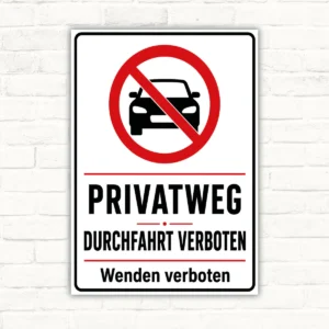 Privatweg Durchfahrt und Wenden verboten Schild mit rotem Verbotssymbol, Auto-Icon und dem Text „Wenden verboten“ als robustes Verbotsschild.