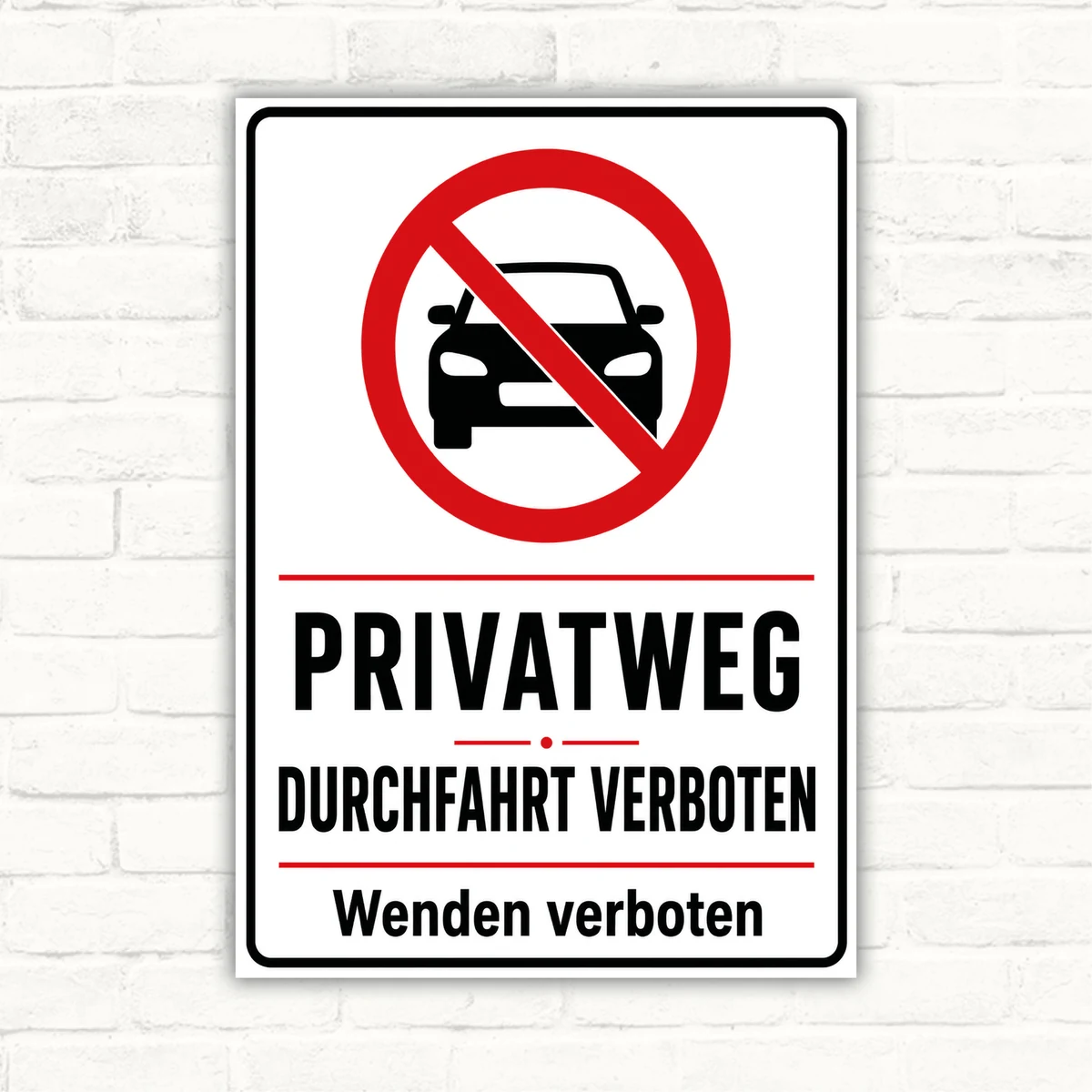 Privatweg Durchfahrt und Wenden verboten Schild mit rotem Verbotssymbol, Auto-Icon und dem Text „Wenden verboten“ als robustes Verbotsschild.