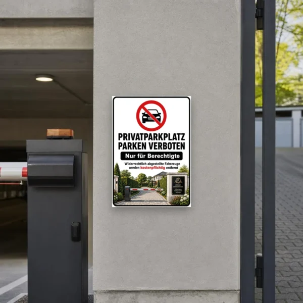 KI-generiertes Anwendungsbeispiel: Privatweg Schild mit rotem Verbotssymbol und dem Text „Durchgang und Durchfahrt verboten, Anlieger frei“ an einer Hofeinfahrt.