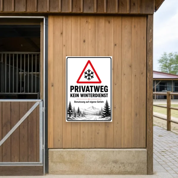 KI-generiertes Anwendungsbeispiel: Privatweg kein Winterdienst Schild im Hochformat mit Warnsymbol, Schneeflocke und dem Text „Benutzung auf eigene Gefahr“.