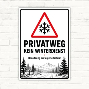 Privatweg kein Winterdienst Schild mit Warnsymbol, Schneeflocke und Hinweis „Benutzung auf eigene Gefahr“ als Hochformat.