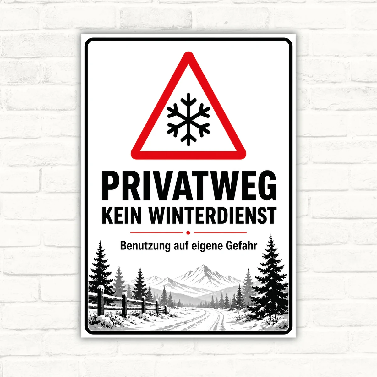 Privatweg kein Winterdienst Schild mit Warnsymbol, Schneeflocke und Hinweis „Benutzung auf eigene Gefahr“ als Hochformat.