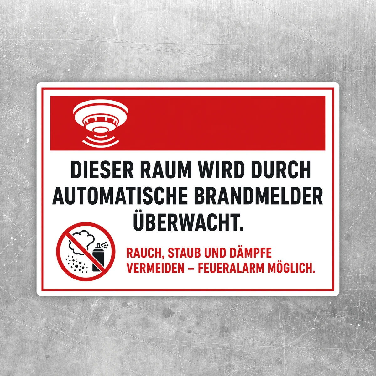 Überwachungsschild automatische Brandmelder Aufkleber mit rotem Kopfbereich und gut lesbarem Hinweistext in Schwarz.
