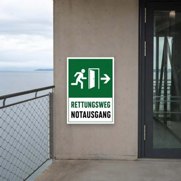 KI-generiertes Anwendungsbeispiel: Rettungsweg Notausgang rechts Aufkleber auf einer Glastür im Flur mit grünem Sicherheitsmotiv.