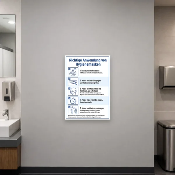 KI-generiertes Anwendungsbeispiel: Richtige Anwendung von Hygienemasken Aufkleber an einer glatten Wand im Eingangsbereich, blau-weißes Motiv sichtbar.