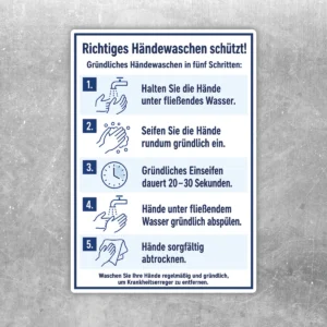 Bedruckter Aufkleber mit Anleitung zum richtigen Händewaschen in fünf Schritten in Blau, Weiß und Hellblau.