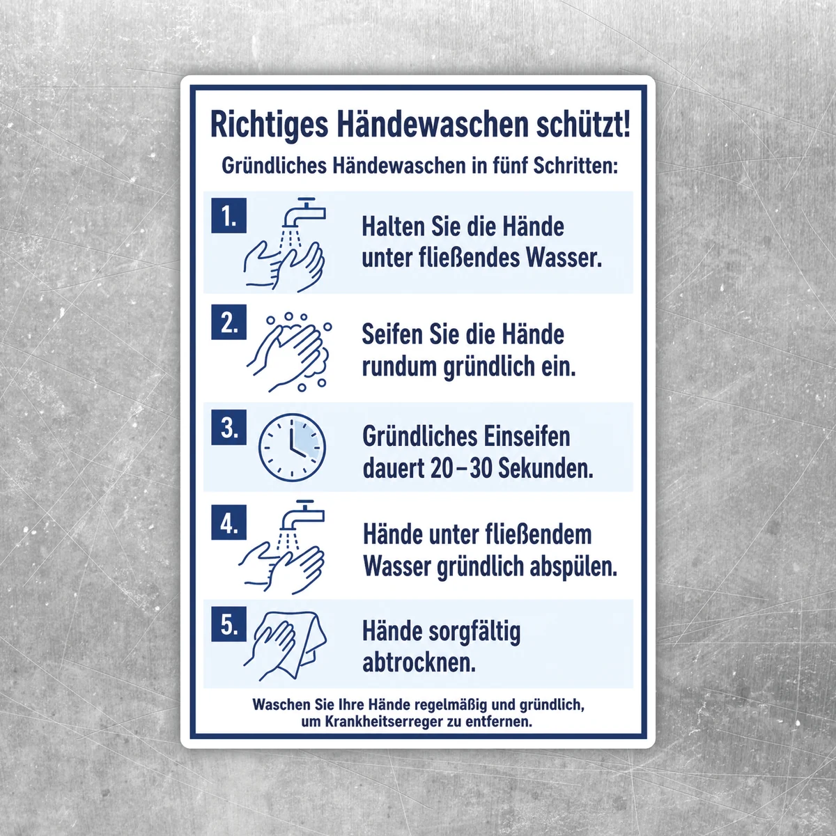 Bedruckter Aufkleber mit Anleitung zum richtigen Händewaschen in fünf Schritten in Blau, Weiß und Hellblau.