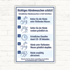 Schild mit fünf Schritten zum richtigen Händewaschen: Wasser, Seife, Einwirkzeit, Abspülen und Abtrocknen.