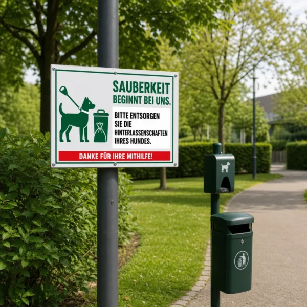 KI-generiertes Anwendungsbeispiel: Hundeaufkleber Aufkleber auf einem Tor mit grünem Hund, Mülleimer und Entsorgungshinweis.