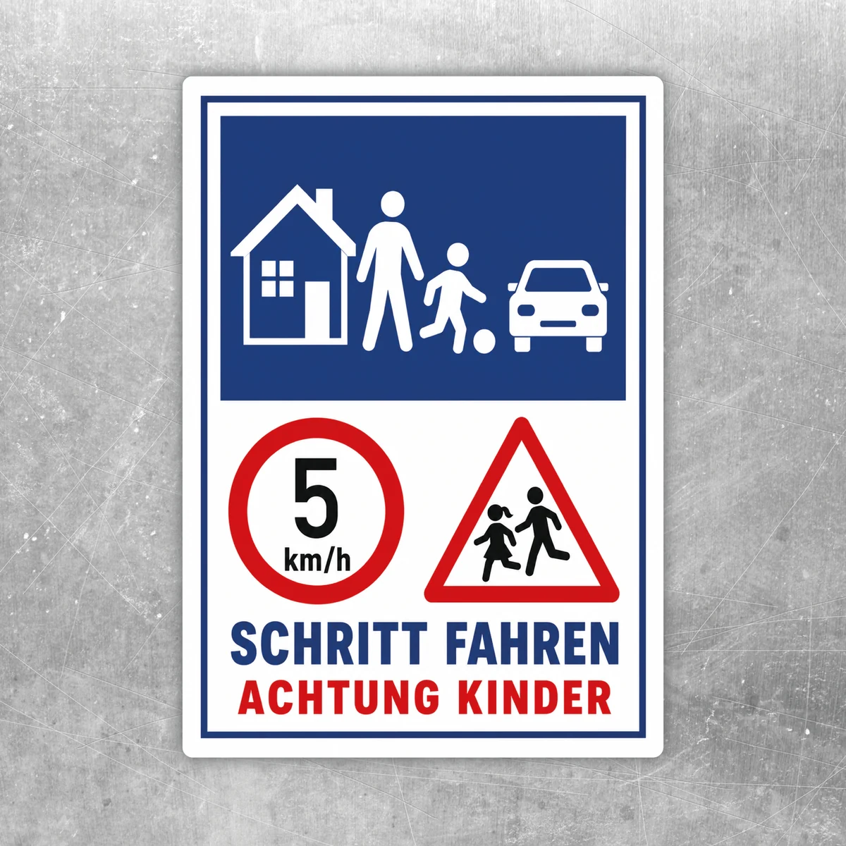 Achtung Kinder Schritt fahren Aufkleber mit blau-rotem Motiv, 5 km/h und Warnsymbolen für Einfahrten und Kinderbereiche.