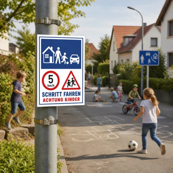KI-generiertes Anwendungsbeispiel: Achtung Kinder Schritt fahren Aufkleber an einer Hofeinfahrt mit deutlicher Warnwirkung.