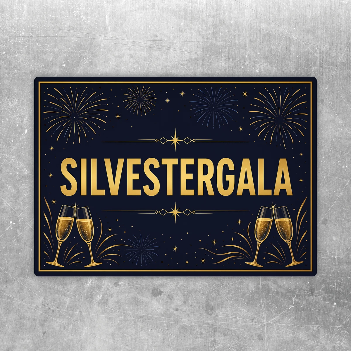 Silvestergala Aufkleber in Dunkelblau und Gold mit Feuerwerk und Sektgläsern im Querformat für Silvesterparty-Deko.