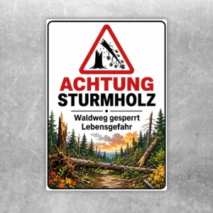 Warnschild Sturmholz Aufkleber mit Waldweg-Sperrung und Gefahrensymbol für den Außeneinsatz im Forstbereich.