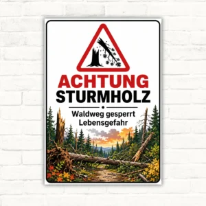 Warnschild Sturmholz mit rotem Warndreieck und Text „Achtung Sturmholz, Waldweg gesperrt Lebensgefahr“ als wetterfeste Platte.