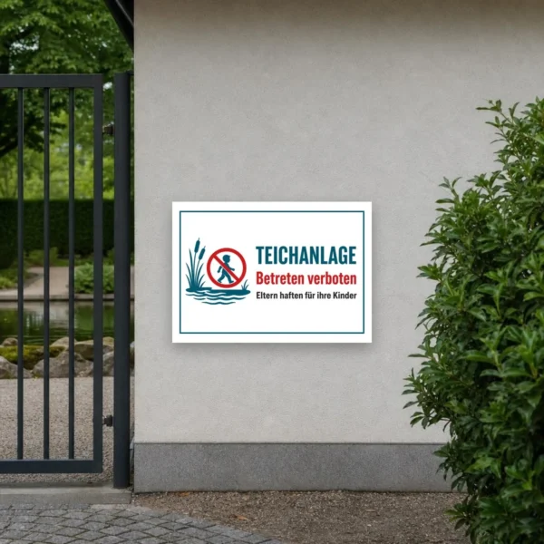 KI-generiertes Anwendungsbeispiel: Teichanlage betreten verboten Aufkleber an einem Zaun mit klar sichtbarem Warnmotiv.