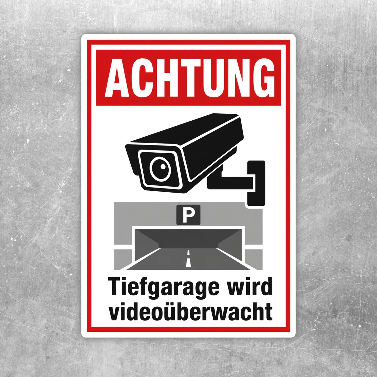 Aufkleber mit Kamerasymbol und dem Text „Tiefgarage wird videoüberwacht“ in Rot, Weiß, Schwarz und Grau.