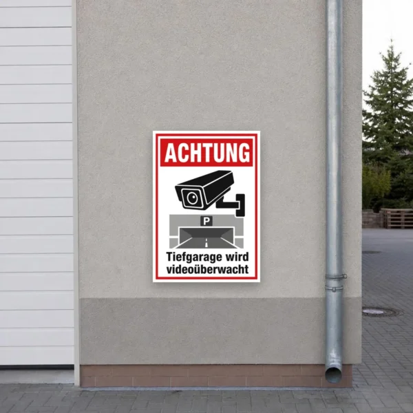 KI-generiertes Anwendungsbeispiel: Aufkleber „Tiefgarage wird videoüberwacht“ an einer Parkhauseinfahrt mit klarer Warnwirkung.
