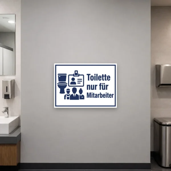 KI-generiertes Anwendungsbeispiel: Toilette nur für Mitarbeiter Aufkleber an einer Innentür im Betriebsflur mit blau-weißem Motiv.