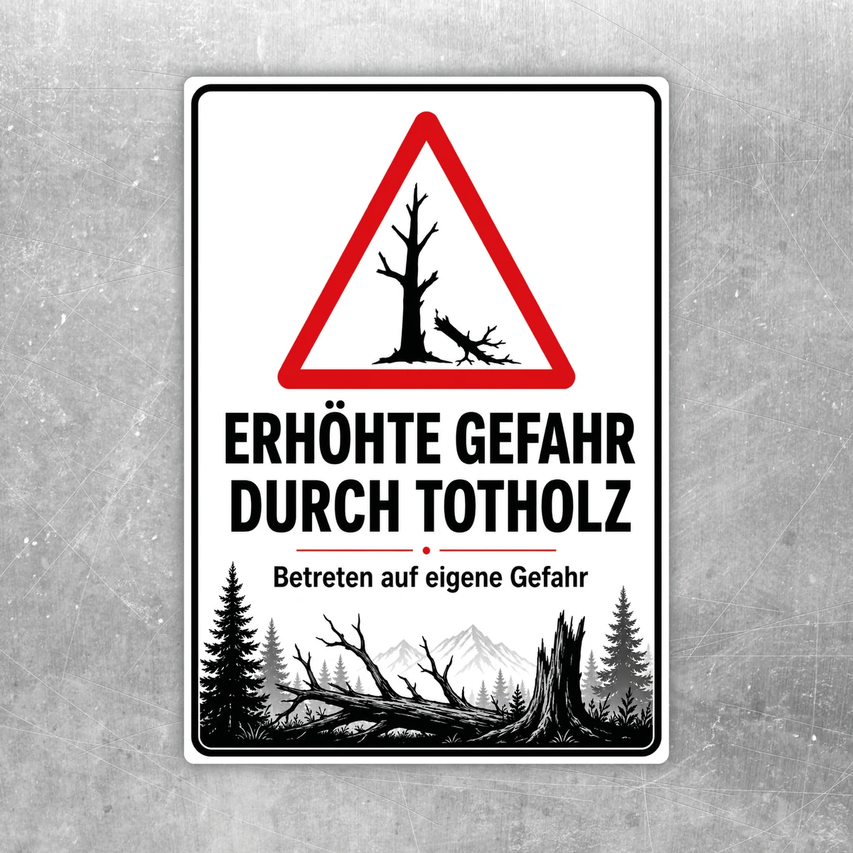 Totholz Warnschild Aufkleber mit rotem Warn-Dreieck und der Aufschrift Erhöhte Gefahr durch Totholz.