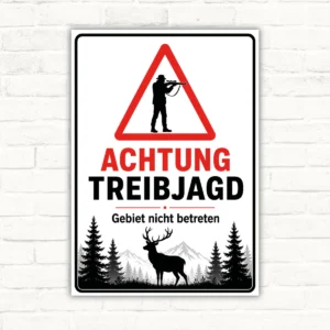 Treibjagd Warnschild mit rotem Warn-Dreieck, Jägersilhouette und dem Text „ACHTUNG TREIBJAGD – Gebiet nicht betreten“.
