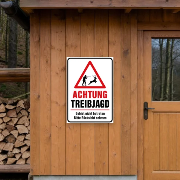 KI-generiertes Anwendungsbeispiel: Achtung Treibjagd Schild mit Warndreieck, Jäger und Hirsch, als gut sichtbares Hinweisschild im Revier montiert.