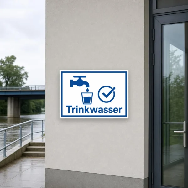 KI-generiertes Anwendungsbeispiel: Trinkwasser Schild mit Zapfstelle, Wasserhahn, Glas und Häkchen als blaues Hinweisschild.