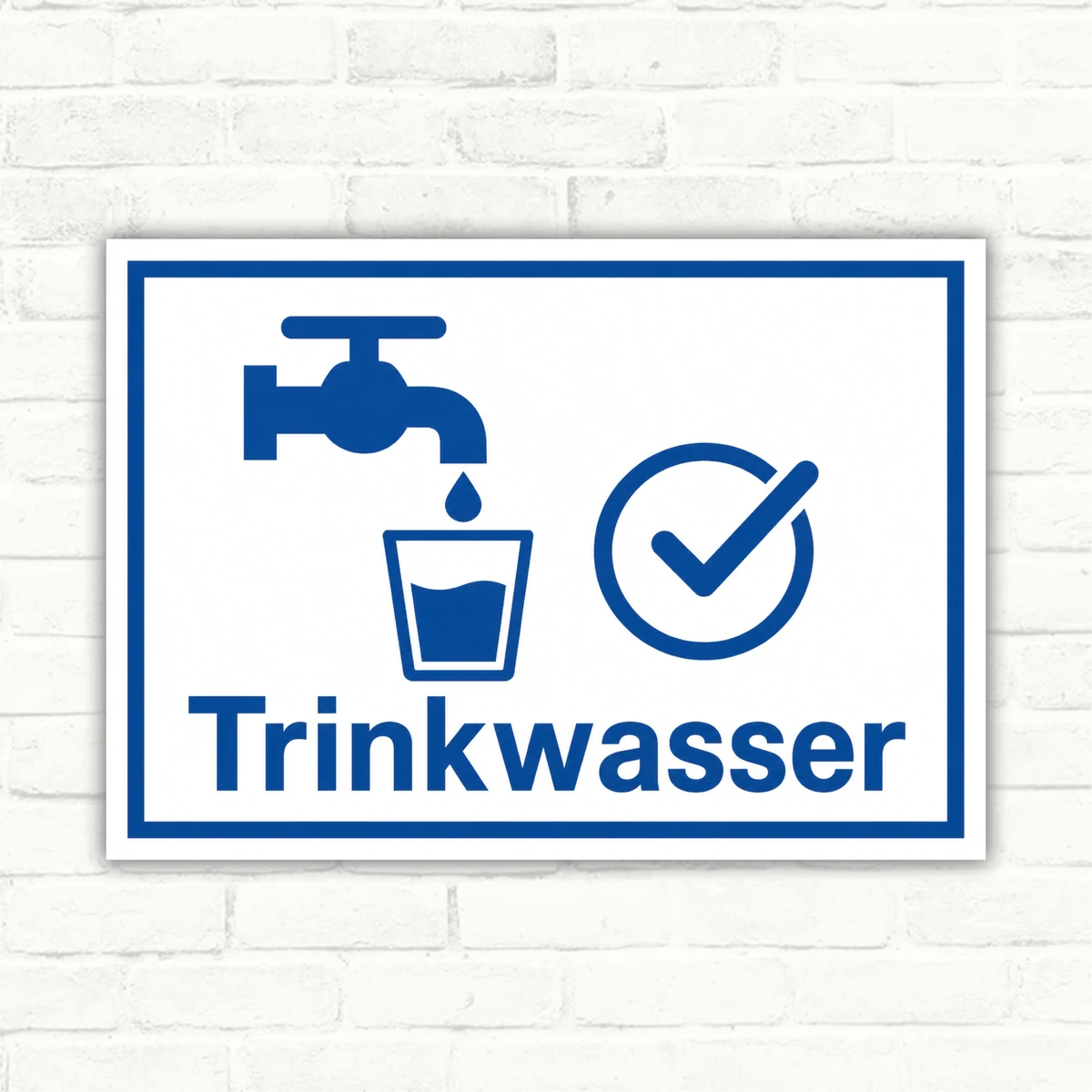 Trinkwasser Schild mit Wasserhahn, Glas und Häkchen sowie dem Schriftzug „Trinkwasser“ als blaues Hinweisschild.