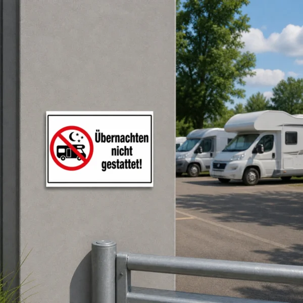 KI-generiertes Anwendungsbeispiel: Übernachten nicht gestattet Schild mit Wohnmobil-Symbol und Text auf weißem, wetterfestem Hinweisschild.