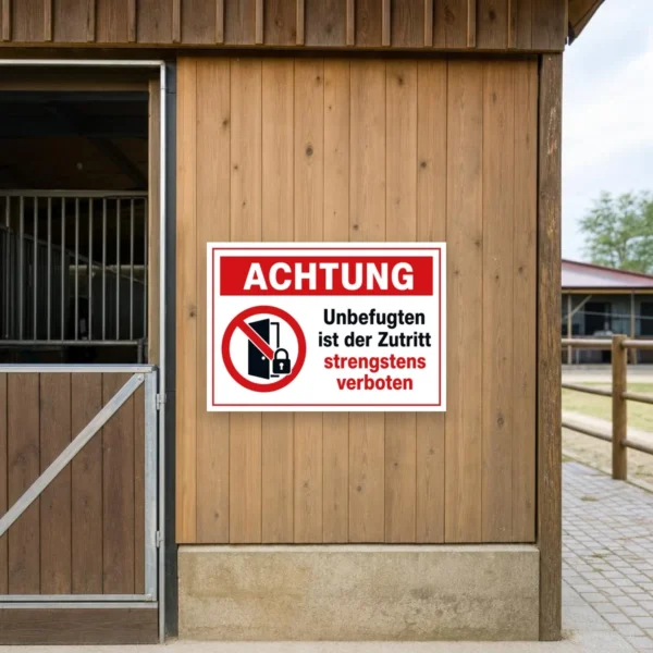 KI-generiertes Anwendungsbeispiel: Querformatiger Unbefugten Zutritt strengstens verboten Aufkleber an einer Tür mit klarer Warnsymbolik.